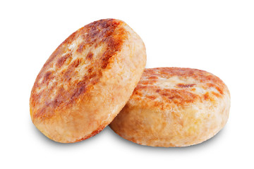 Canned tuna potato patties on a white isolated background