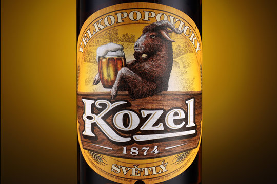 LVIV, UKRAINE - April 27, 2020: Kozel Czech beer label