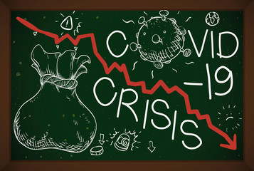 Fototapeta na wymiar Chalkboard with Coronavirus, Moneybag and Doodles Depicting COVID-19 Economic Crisis, Vector Illustration