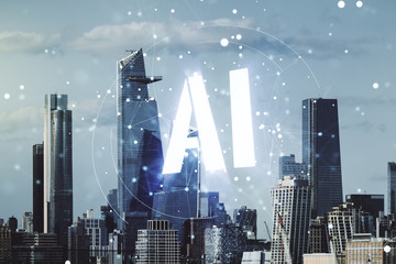 Fototapeta na wymiar Abstract virtual artificial Intelligence symbol hologram on New York city skyline background. Multiexposure