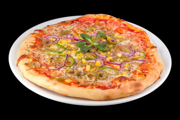 vegetarian pizza with tomato sauce, onion, pepper, mushrooms, olives, yellow cheese, and corn on a plate, isolated on black background