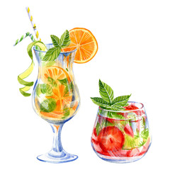 Summer lemonade, cocktail with strawberry, lemon, orange and mint on a white background. Watercolor hand drawn illustration