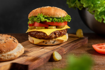 burger on the board on a dark background