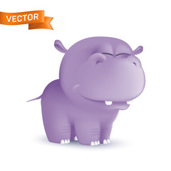 Cute standing and squinting cartoon baby hippo character. Vector illustration of an african wildlife mascot newborn animal isolated on white background