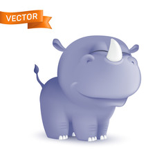 Cute standing and squinting cartoon baby rhino character. Vector illustration of an african wildlife mascot newborn animal isolated on white background