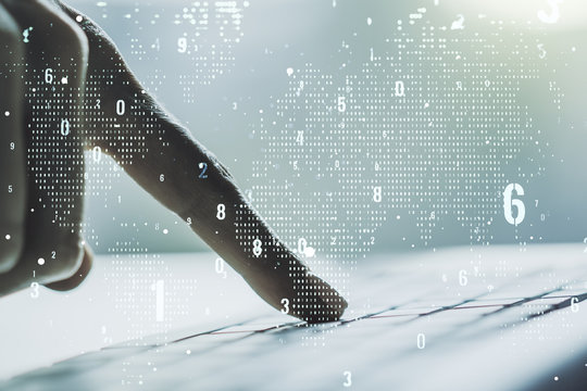 Multi exposure of abstract graphic coding sketch with world map and hands typing on computer keyboard on background, big data and networking concept