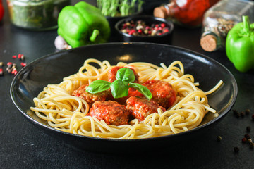 pasta spaghetti with meatballs and tomato sauce Menu concept healthy eating. food background top view copy space for text