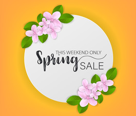 Spring sale banner. Pink flowers with green leaves. Vector illustration with lettering.