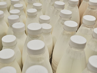Bottled milk on a shelf in a supermarket. Many bottles