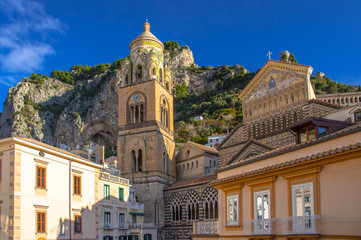 Amalfi Cathedral, Cattedrale di Sant'Andrea Duomo di Amalfi and bell tower. Roof is covered with typical green majolica tiles common in Southern Italy.