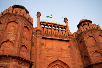 Beautiful red fort facade with Indian Flag in New Delhi