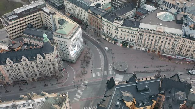 Stureplan in Stockholm City, aerial view. The district of Stureplan is a hub for Stockholm nightlife and upper class bars & pubs. Now desrted and empty during Covid-19 Coronavirus epidemic outbreak