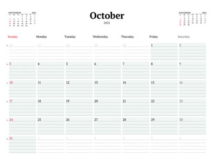 Calendar template for October 2021. Business monthly planner. Stationery design. Week starts on Sunday.