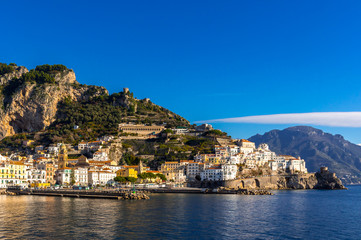 Fototapeta na wymiar Scenic view of the beautiful town of Amalfi at famous Amalfi Coast, Salerno, Campania, Italy