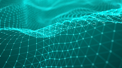 Abstract dynamic wave of points and lines. Perspective grid. Big data. Network of particles. Digital background. 3d rendering.
