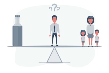 Fototapeta premium Family balancing on a seesaw. Alcoholism problem. Drunk man. Couple man and woman problem. Family conflict. Vector flat design illustration.
