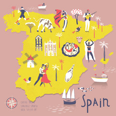 Cartoon Map of Spain with Legend Icons