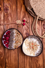 raspberries smoothie bowl on white background. Top view. raspberries and chia seeds im smoothie bowls topped with frozen berries and granola