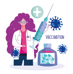 female doctor with syringe and medicine bottle medical health care vaccination
