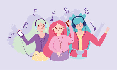 group girls listening music with smartphone through earphones