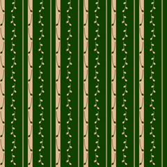 pattern with stripes and floral patterns, beige on green