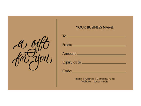 A gift for you - modern gift card template with calligraphic inscription. Voucher or gift card design on craft paper for shops, beauty salon, barbershop, spa. Vector typography.