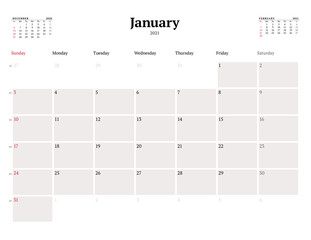 Calendar template for January 2021. Business monthly planner. Stationery design. Week starts on Sunday.