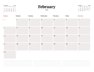 Calendar template for February 2021. Business monthly planner. Stationery design. Week starts on Sunday.
