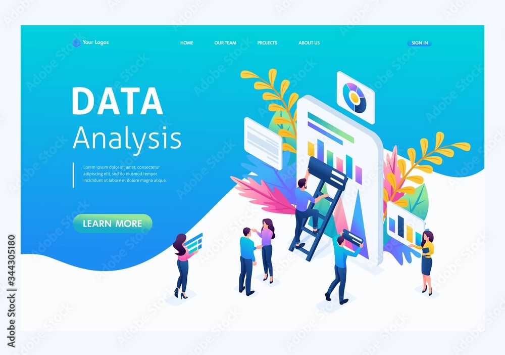 Poster Isometric concept data collection by workers, the process of analyzing data on the tablet. Landing page concepts and web design
