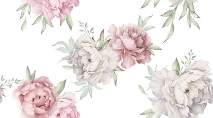 Seamless floral pattern with peonies on light background, watercolor. Template design for textiles, interior, clothes, wallpaper. Botanical art - obrazy, fototapety, plakaty