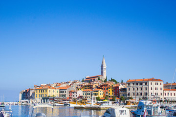 Fototapeta na wymiar View of colorful old town and picturesque harbour of Rovinj, Istrian Peninsula., Croatia