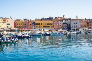 Fototapeta na wymiar View of colorful old town and picturesque harbour of Rovinj, Istrian Peninsula., Croatia
