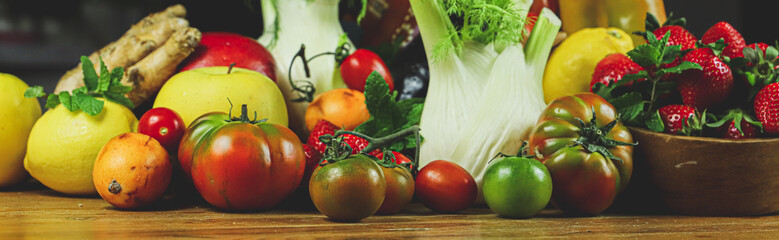 closeup of a rustic composition of fruit and vegetables