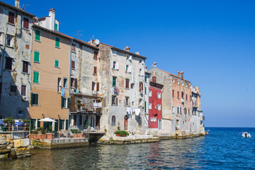 Houses facades at the waterfront in Rovinj town, Istrian Peninsula, Croatia