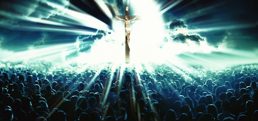 Christian religion and Jesus.God concept.Illustration with cross of christ and people believers