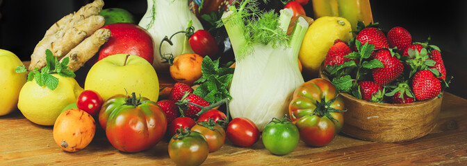 rustic composition of fruit and vegetables in a warm light
