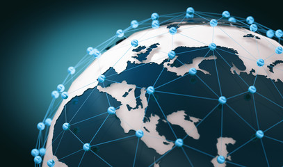 World map and networking.3d illustration and concept of international logistics of agreements and international business. Networks and companies around the world - obrazy, fototapety, plakaty