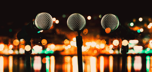 Live music and conference background.Karaoke and entertainment concept.Microphone and stage...