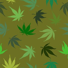 Seamless pattern of green cannabis leaves on a brown background. Green hemp leaves. Vector illustration.The seamless cannabis leaf pattern.marijuana pattern
