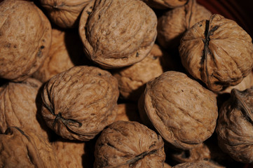 Extreme close up of a bunch of walnuts