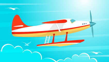 turboprop, single-engine aircraft in the blue sky, gaining altitude. Clouds and white seagulls in the sky. Vector illustration
