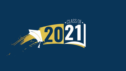 Class of 2021. White, blue number, education academic cap, open book on blue background. Template graduation design frame, high school, college congratulation graduate, yearbook. Vector illustration.