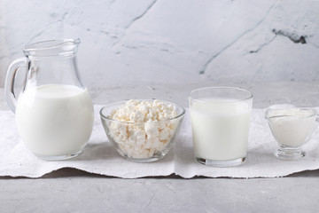 Dairy products: milk, kefir or ayran, cottage cheese and sour cream in a transparent bowl, jug and glass on a gray background, Horizontal format