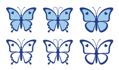Fototapeta na wymiar Set of nice blue butterflies with hearts isolated on a white background. Silhouette of a butterfly is perfect for wedding invitations, logo and gift vouchers
