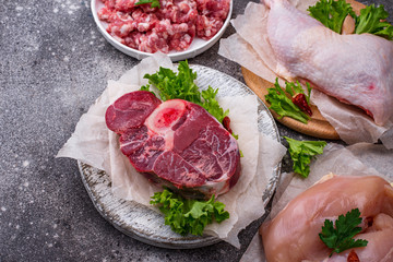 Assortment of various raw meat