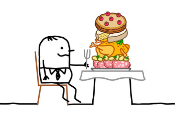 Cartoon fat man sitting a a table, with a too big pile of food in his plate