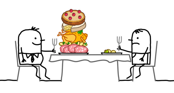 Cartoon fat man with a pile of food in his plate, sitting front of a thin one with a small plate