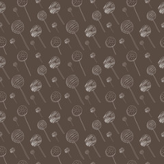 Valentine's day Seamless pattern with cute and yummy collection chocolate covered oreo pops illustration on brown background. Love pastry sweets bakery products desserts.