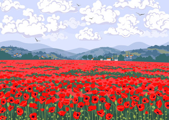 Nature Scene with Red Poppy Field, Hills, Clouds in Sky.