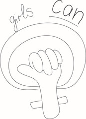 Protest hand showing fist raised up. Women rights concept. Black and white hand drawn illustration, isolated on white background.